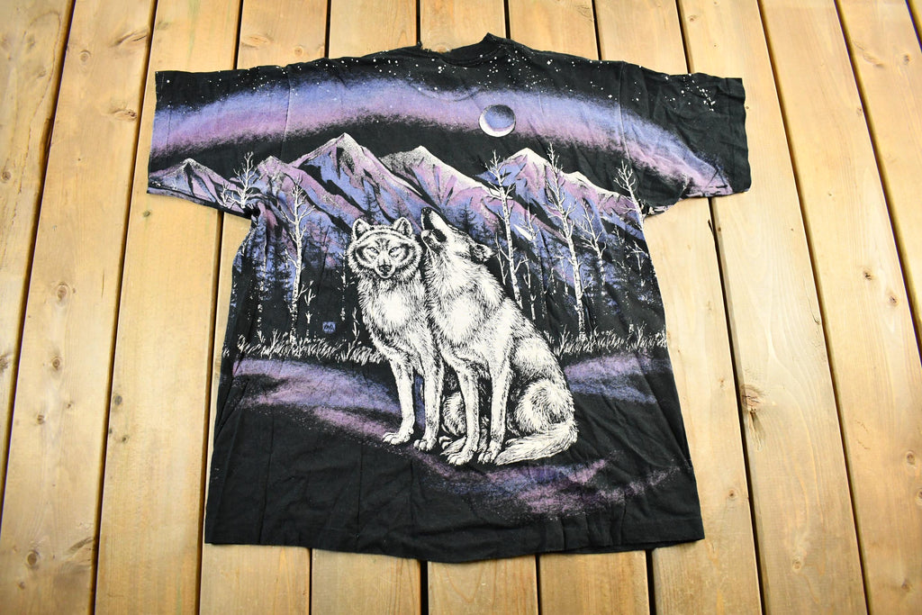 Vintage 1990s Wolf Theme All Over Print Graphic T-Shirt Men's XL