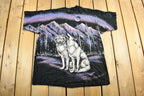 Vintage 1990s Wolf Theme All Over Print Graphic T-Shirt Men's XL