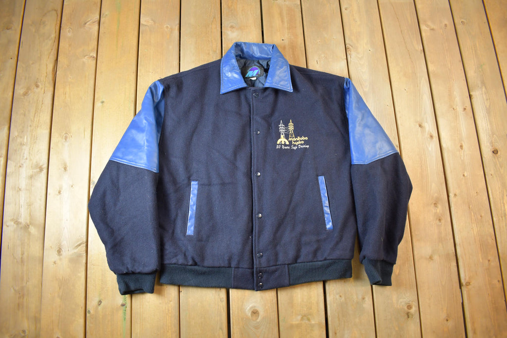 Vintage 1990s Manitoba Hydro Embroidered Logo Leather & Wool Varsity Jacket