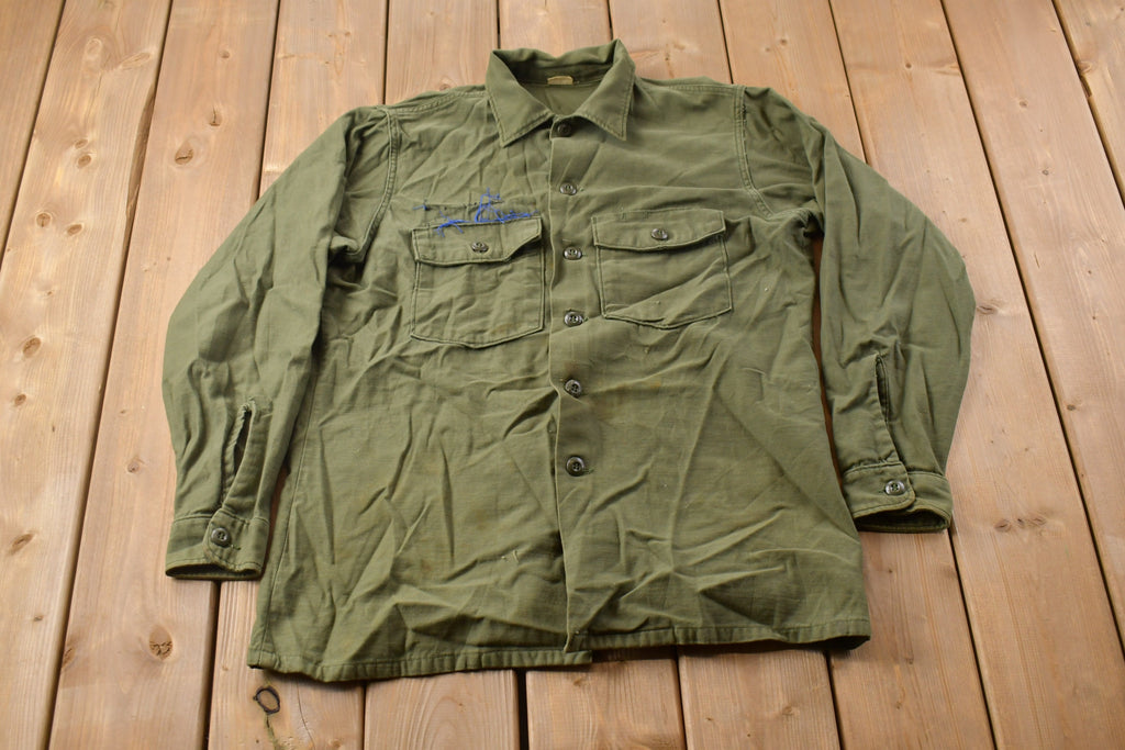 Vintage 1970s Army Military Green Button Up Shirt
