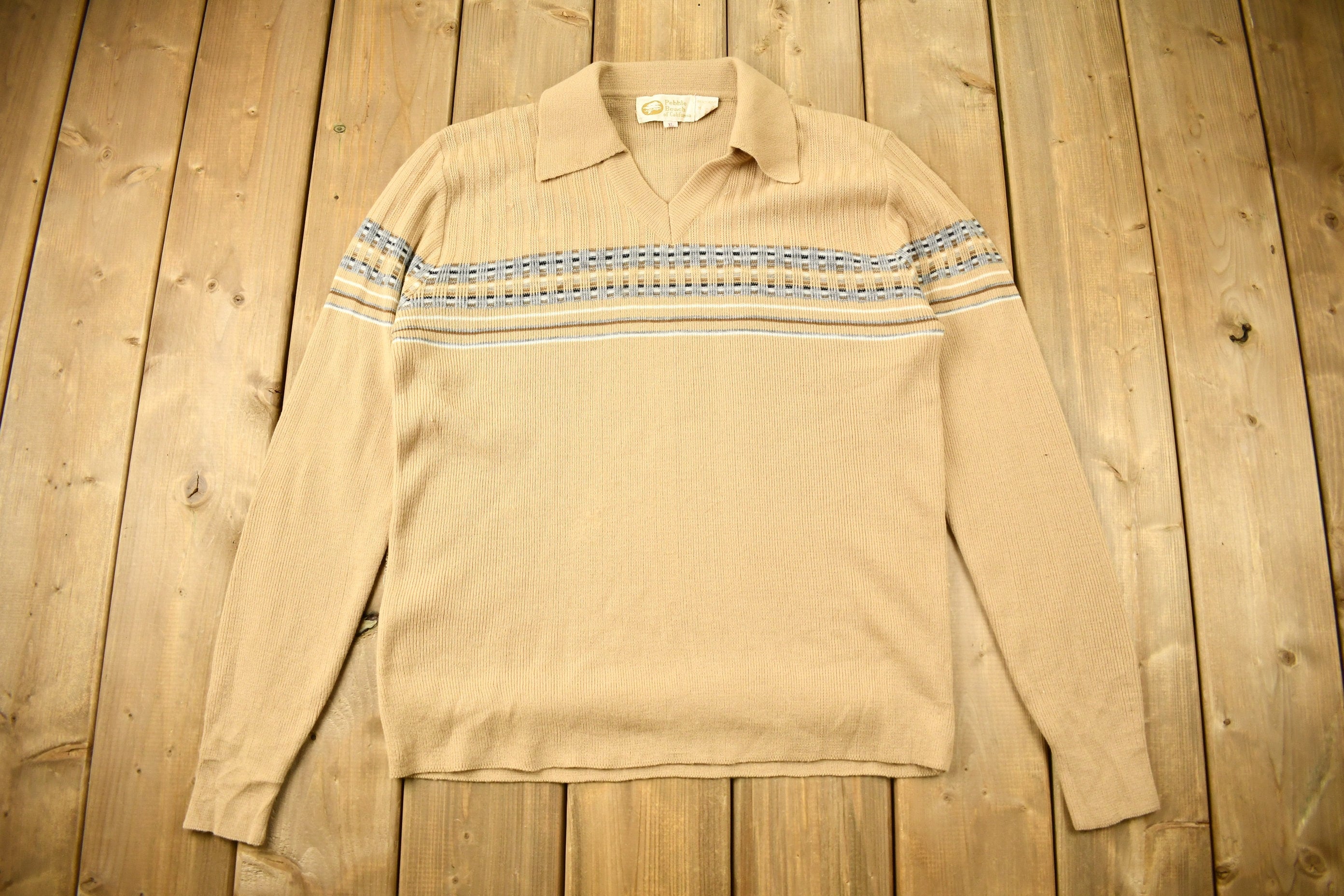 Vintage 1980s Pebble Beach Of California Knitted V-Neck Sweater