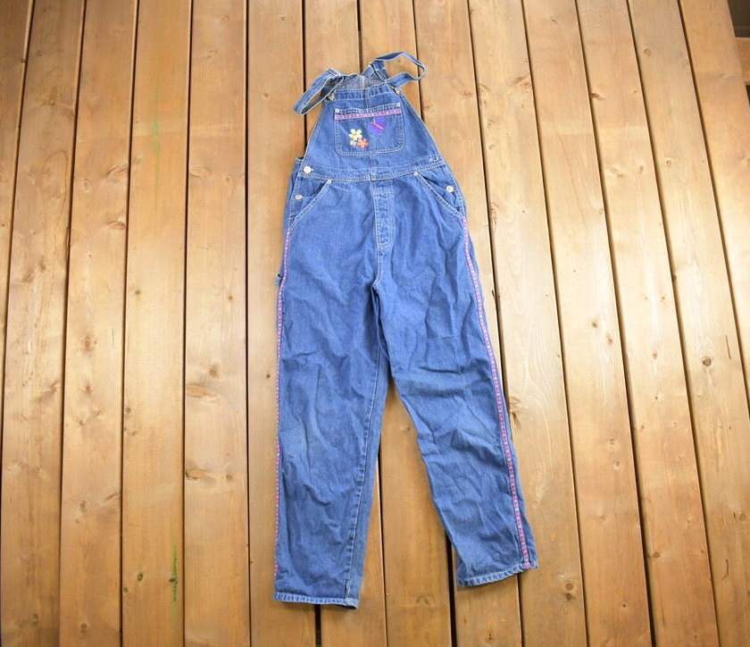 Vintage 1990s Kid Looks Cute Butterfly Denim Jean Overalls Size 34x28
