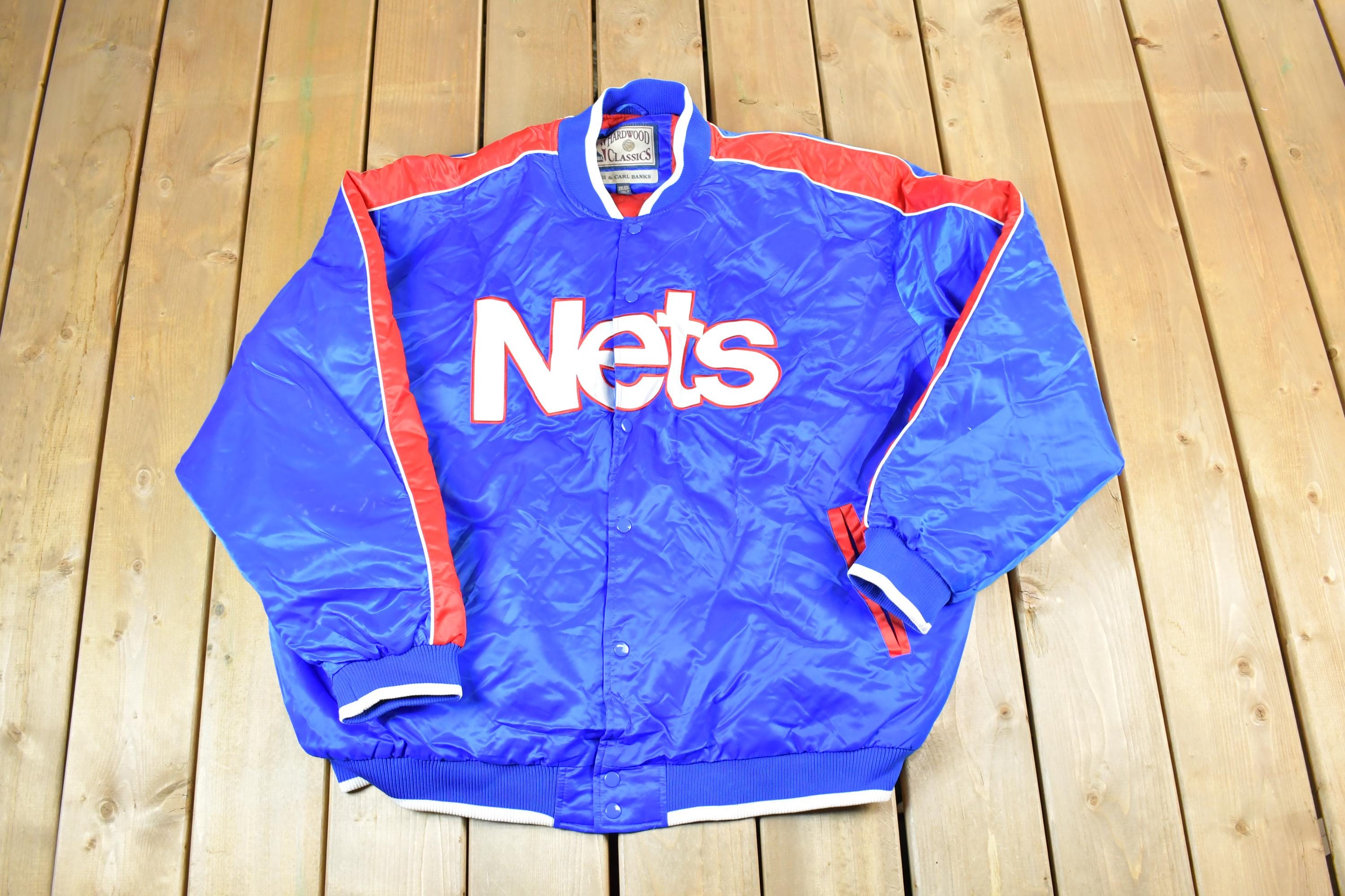Vintage 1990s New Jersey Nets Hardwood Classics Satin Button Down Puffer Bomber Style NBA Basketball Jacket