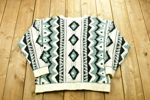 Vintage Aztec Knitted Sweater / Vintage 90s Crewneck / Grandpa Sweater / Hand Knit / Pullover Sweatshirt / Steel