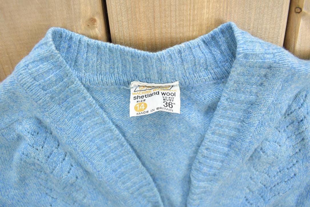 Vintage 1980s Shetland Wool Knit Cardigan Sweater Made In Britain