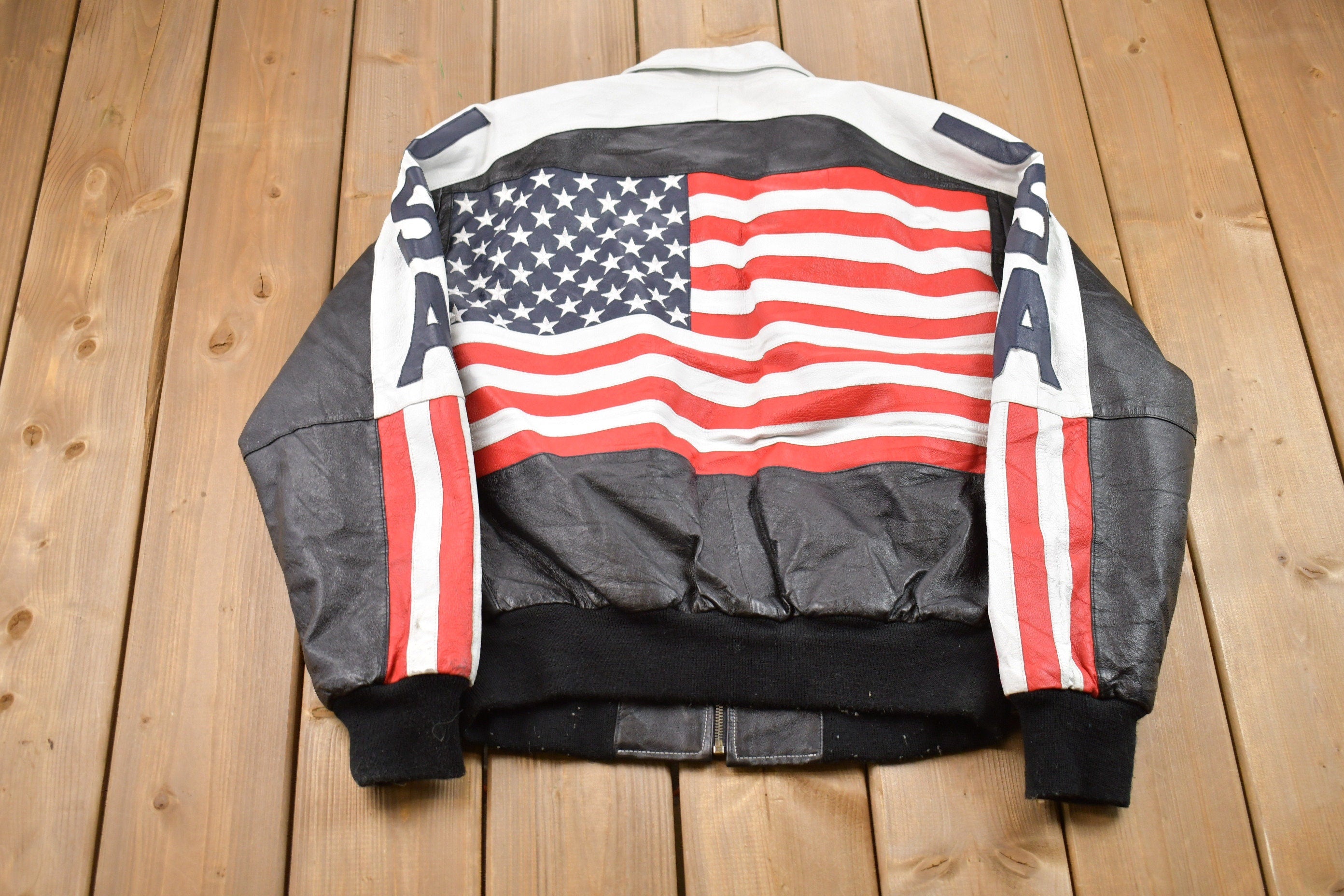 Vintage 1990s Michael Hoban Wheremi American Flag USA Leather Varsity Jacket / Fall Outerwear Leather Coat / Streetwear Fashion