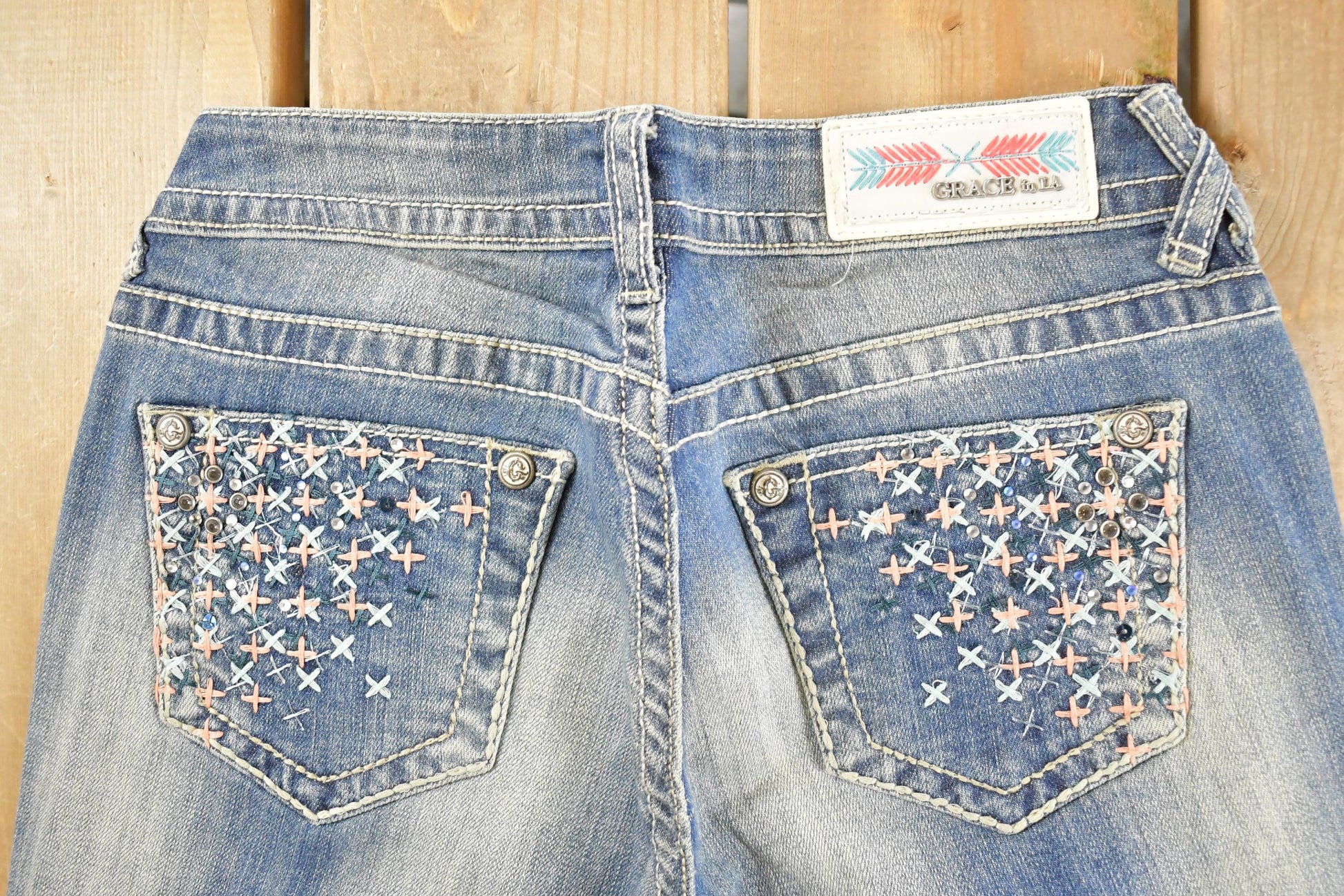 Vintage Deadstock Y2K Grace In LA Bedazzled Bootcut Low Rise Jeans Women's Size 26 x 31