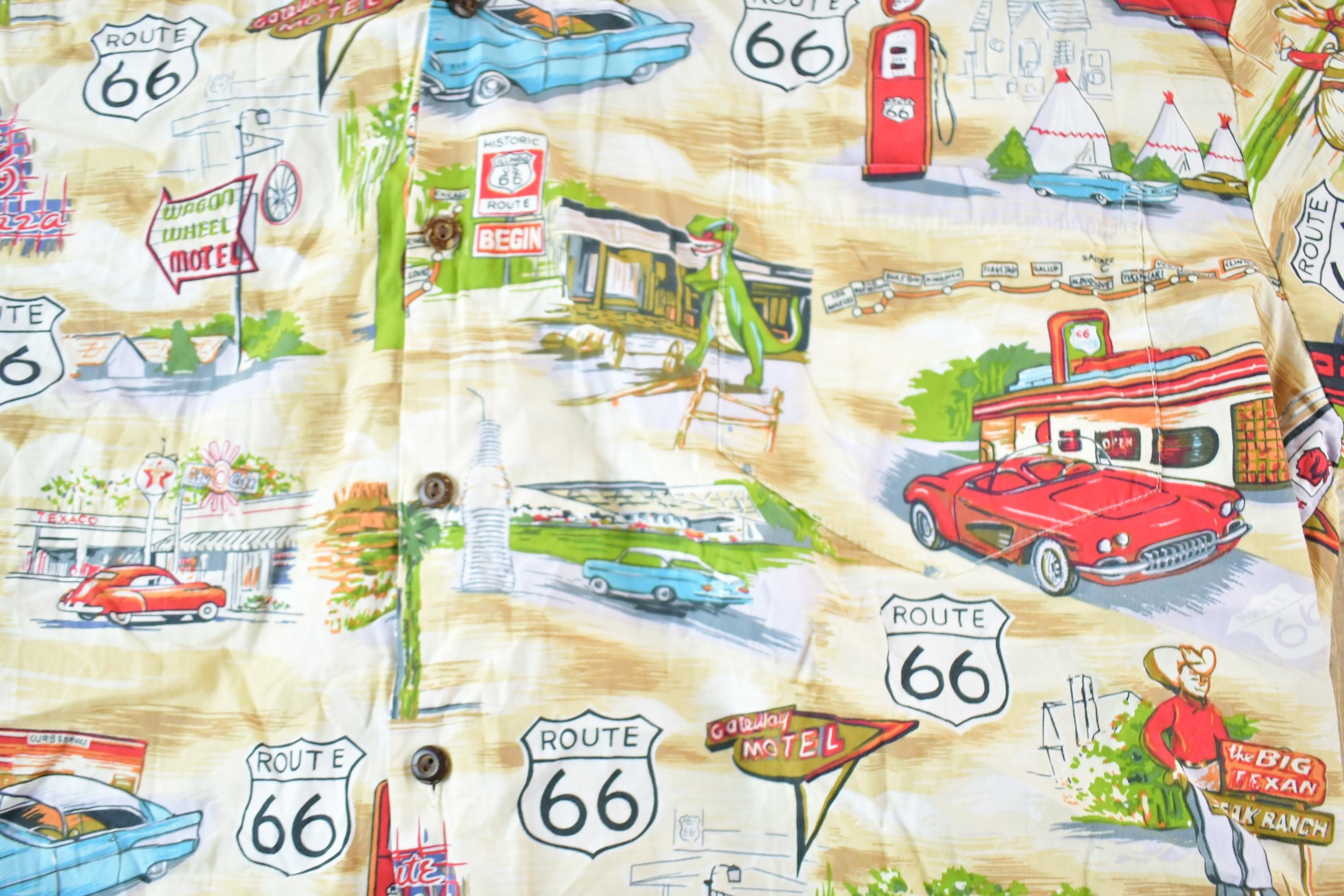 Vintage 1990s Pacific Legend Route 66 AOP Button Up Shirt Men's XL / Vintage Dress Shirt / Striped Button Up / Dinner Shirt