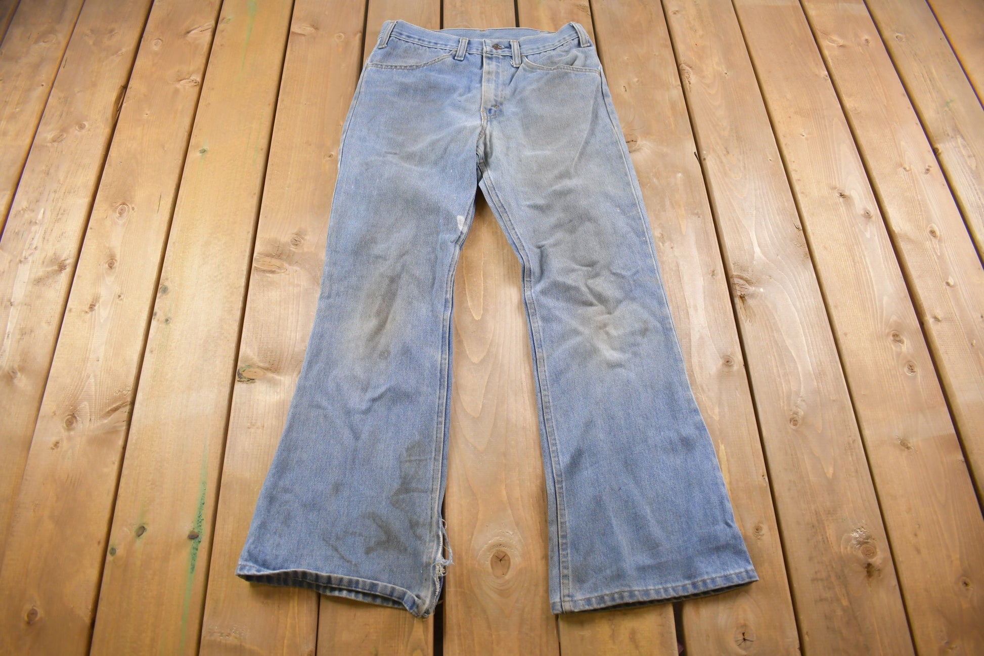 True Vintage 1970's Plain Pocket's Flared Distressed Blue Jeans 30 x 29