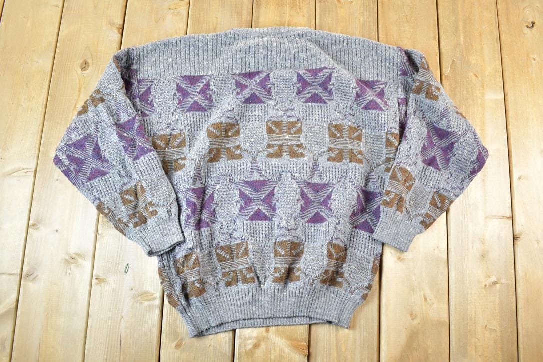 Vintage 1990s Oggi Mode Knit Abstract Pattern Wool Blend Crewneck Sweater Mens L
