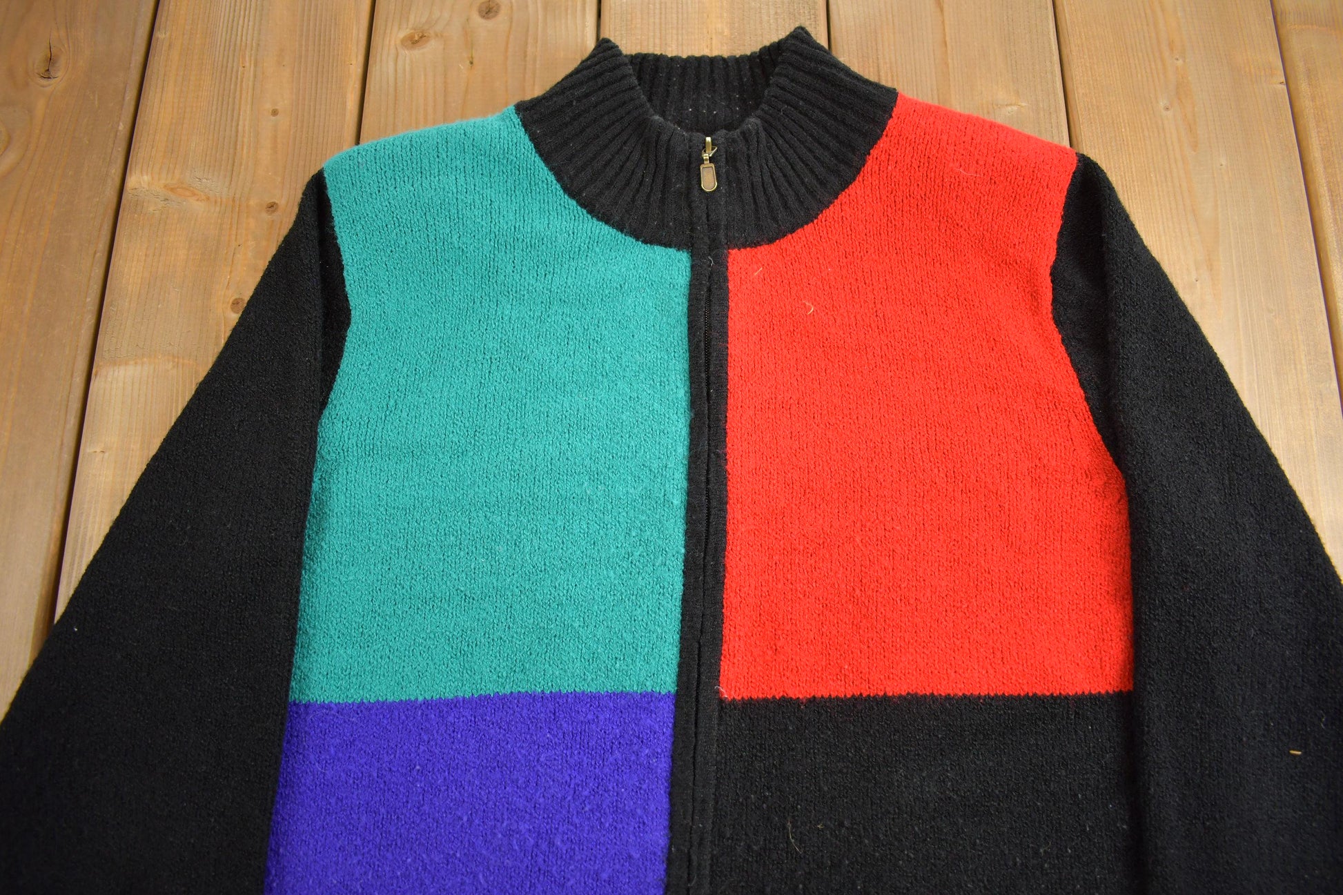 Vintage 1990s Allison Dalley Colour Block Knit Zip Up Sweater