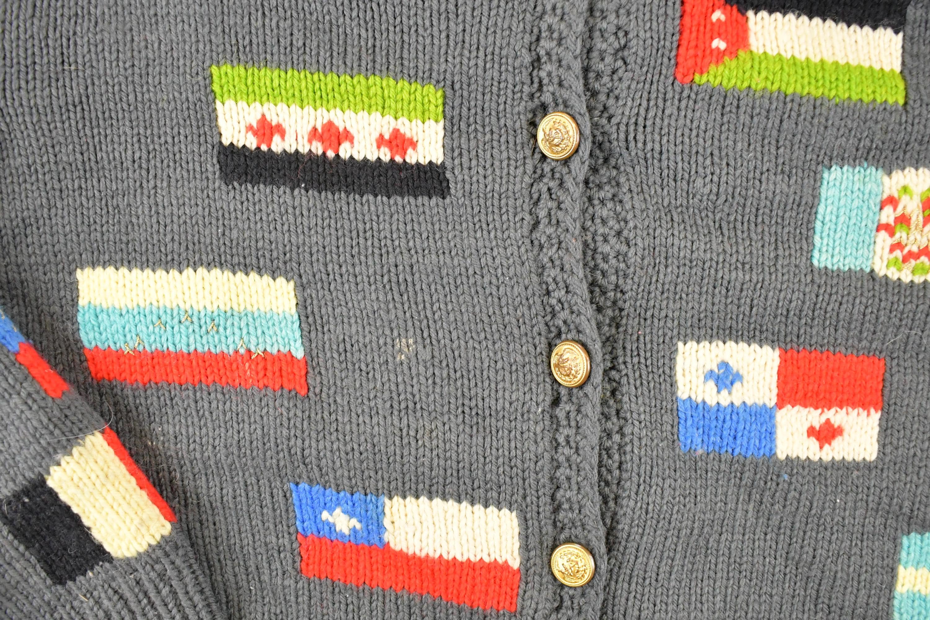 Vintage 1980s Multi Flag Abstract Knit Cardigan Sweater Men's M