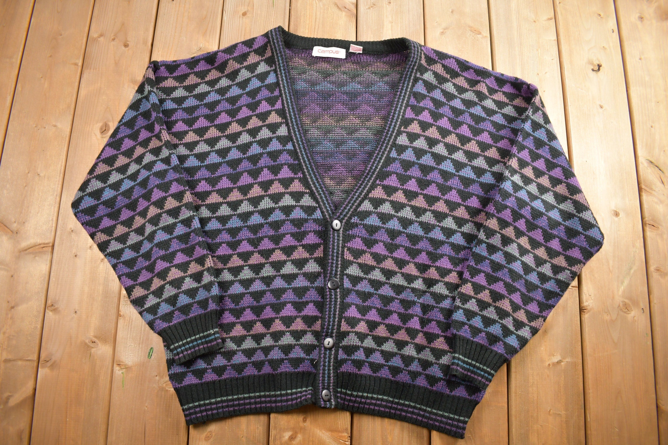Vintage 1990s Rainbow Geometric Knitted Cardigan Sweater