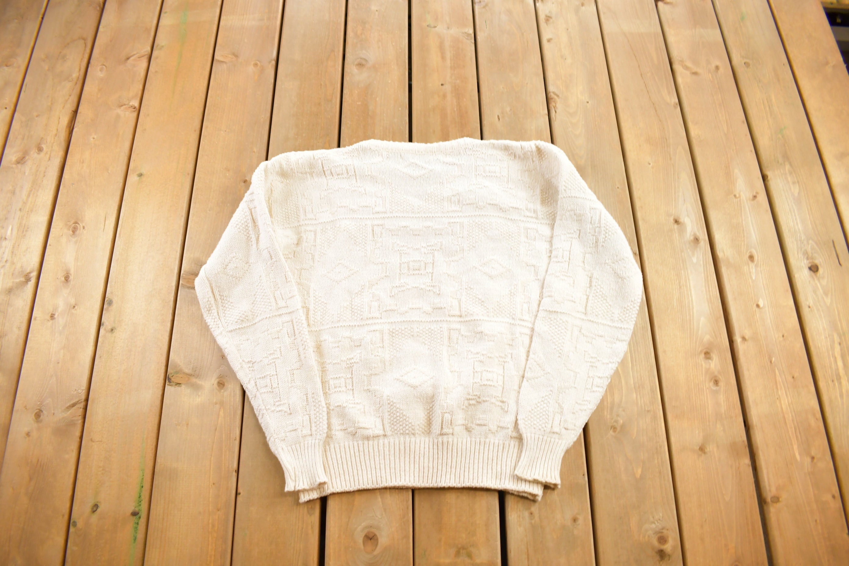 Vintage 1980s American Crew White Cable Knit Crewneck Sweater