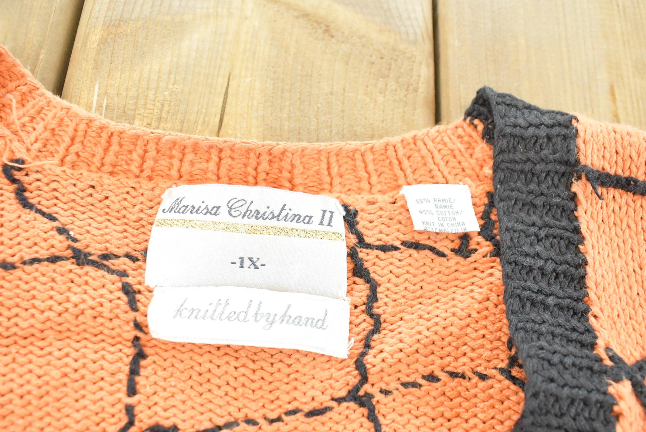 Vintage 1990s Marisa Christina Halloween AOP Heavy Knit Cardigan Sweater Women's XXL / Knitted by Hand / Pumpkin Witch Ghost Spooky