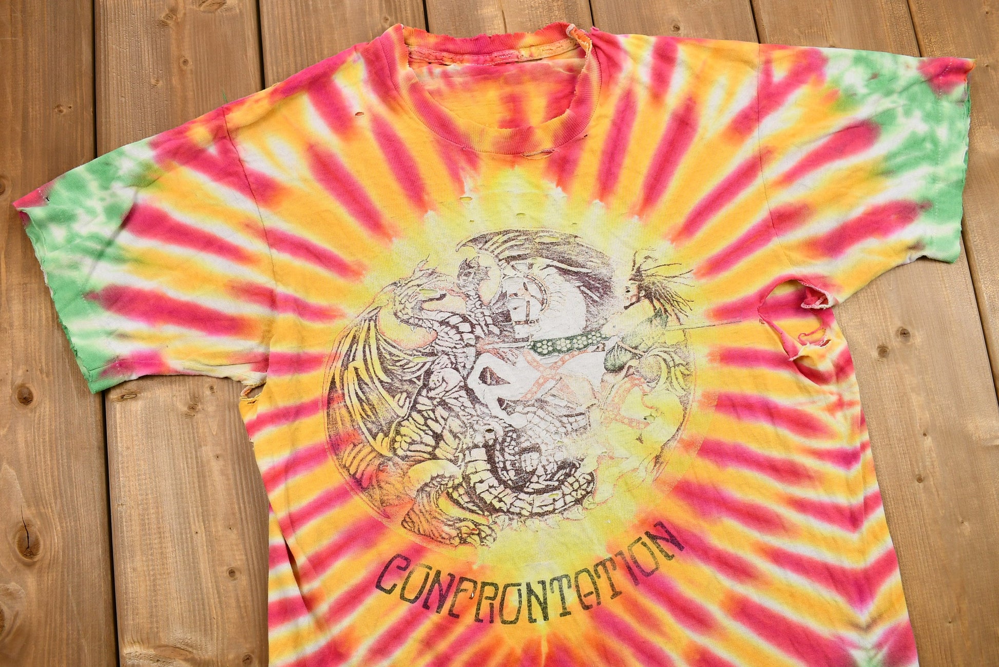 Vintage Early 1990s Thrashed Bob Marley Confrontation Tie Dye T-Shirt