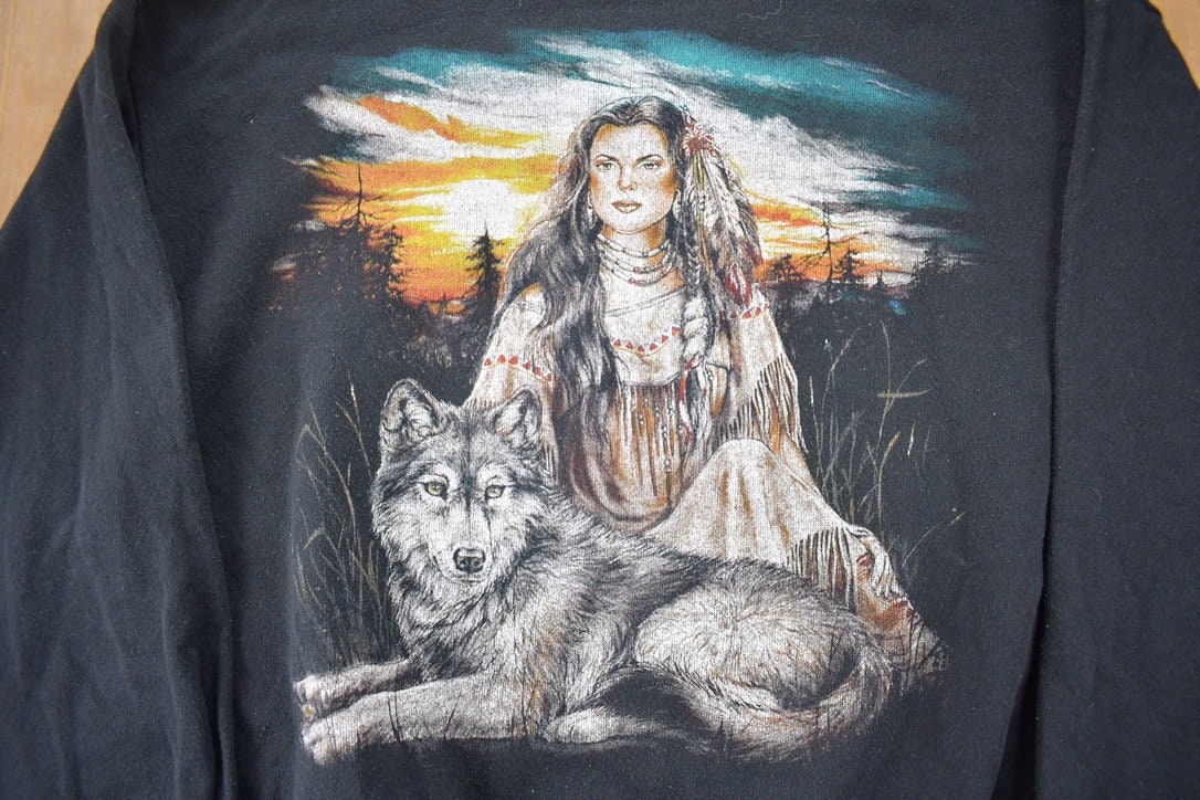 Vintage 1990s Native American Woman Wolf Crewneck / 90s Crewneck / Souvenir Sweater / Travel And Vacation / Majestic Wolf Sweater