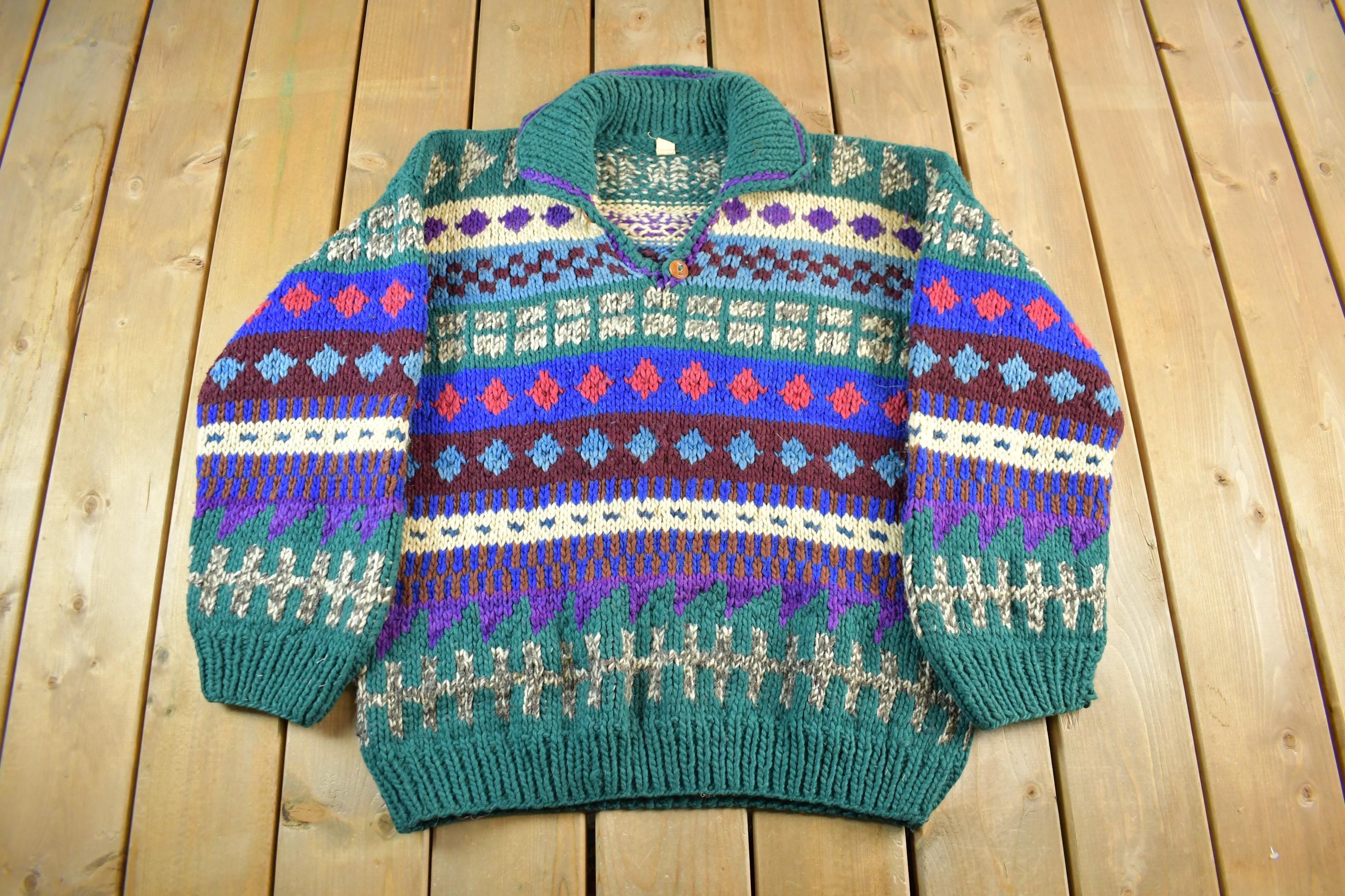 Vintage 1980s Handmade in Ecuador Wool Knit Sweater Men's XL