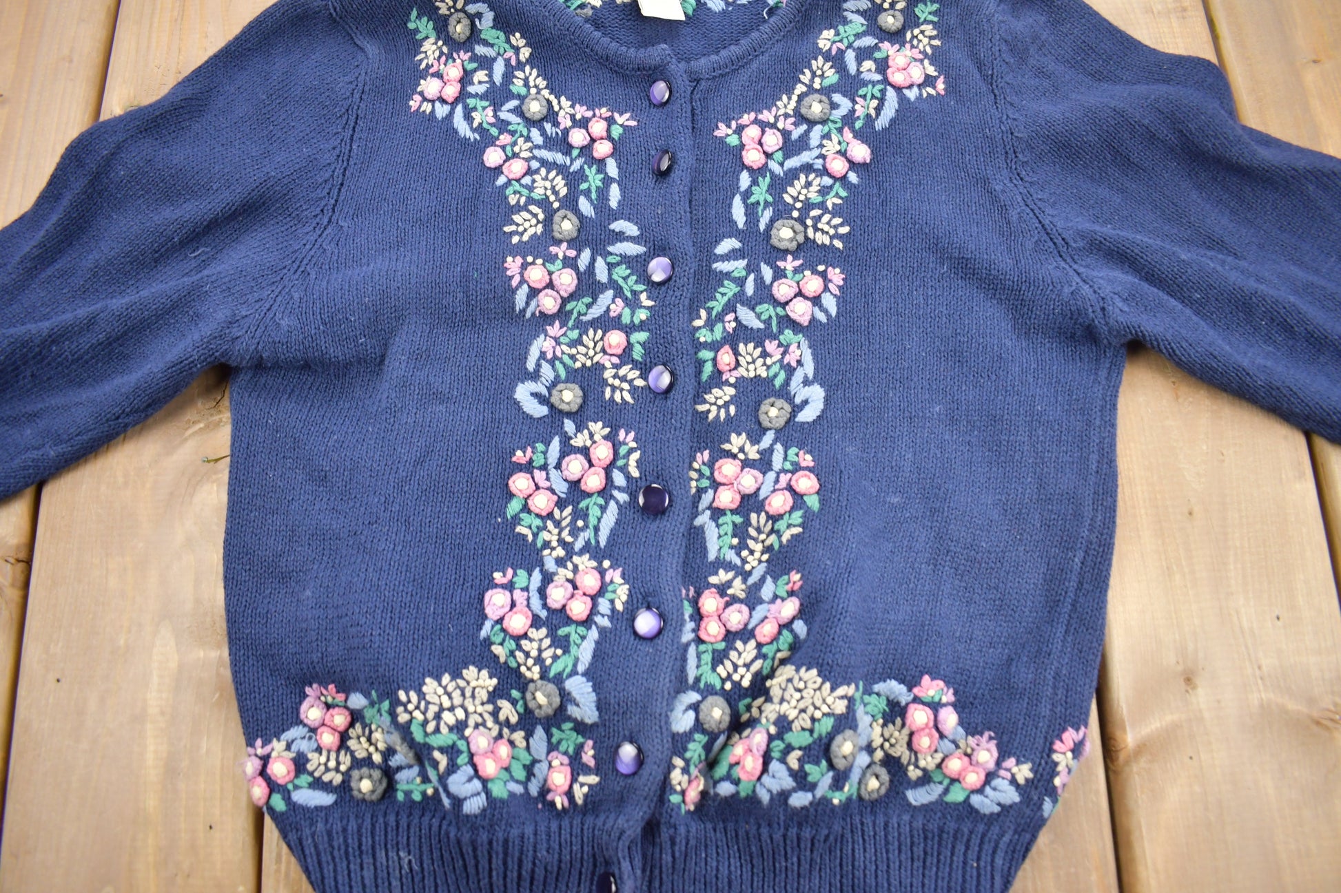 Vintage 1990s Blue Floral Theme Embroidered Knit Cardigan Sweater