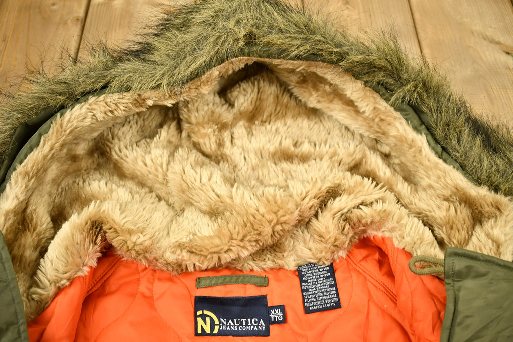 Vintage 1990s Nautica Jeans Co Fur Hood Winter Parka Jacket
