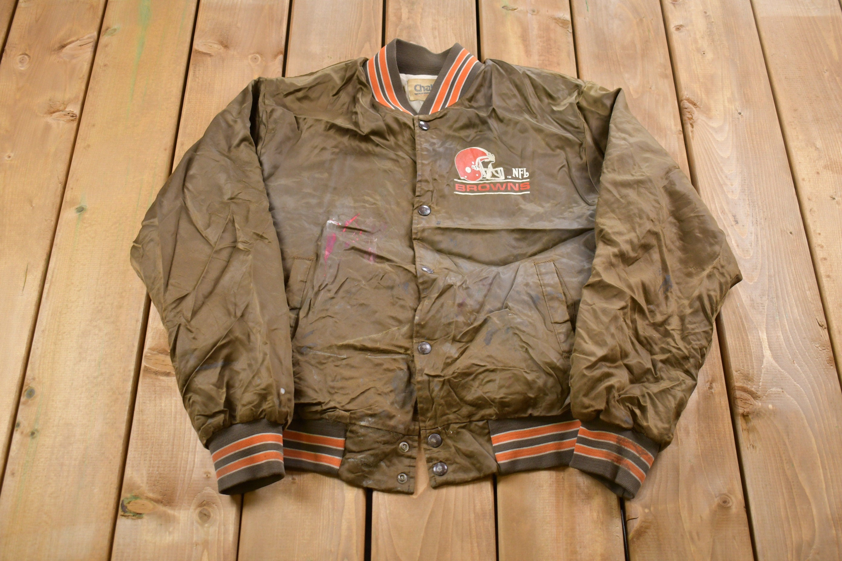 Vintage 1980s Cleveland Browns NFL Chalkline Satin Bomber Jacket