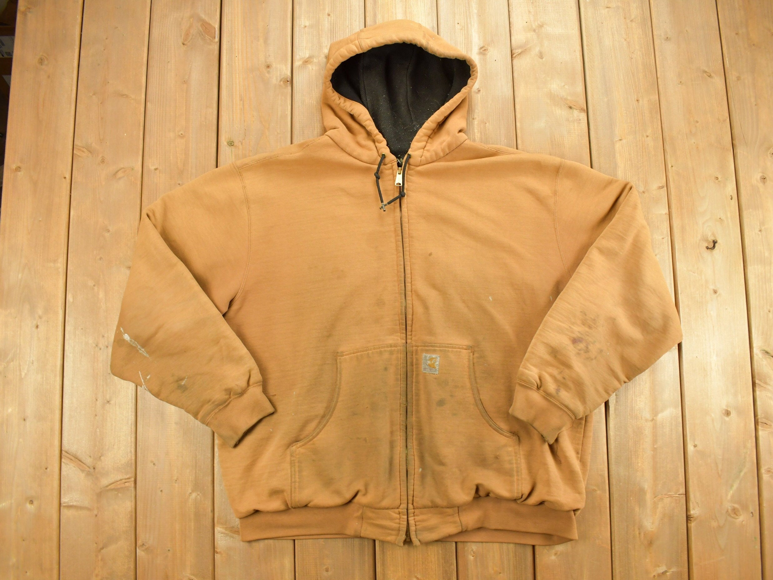Vintage Heavily Distressed 1990s Carhartt Full Zip Fleece Lined Hoodie Sweatshirt