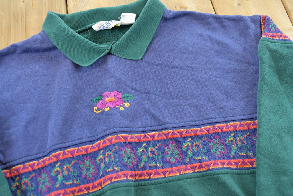 Vintage 1990s American Sportif Flower Embroidered Collared Crewneck Mens S /