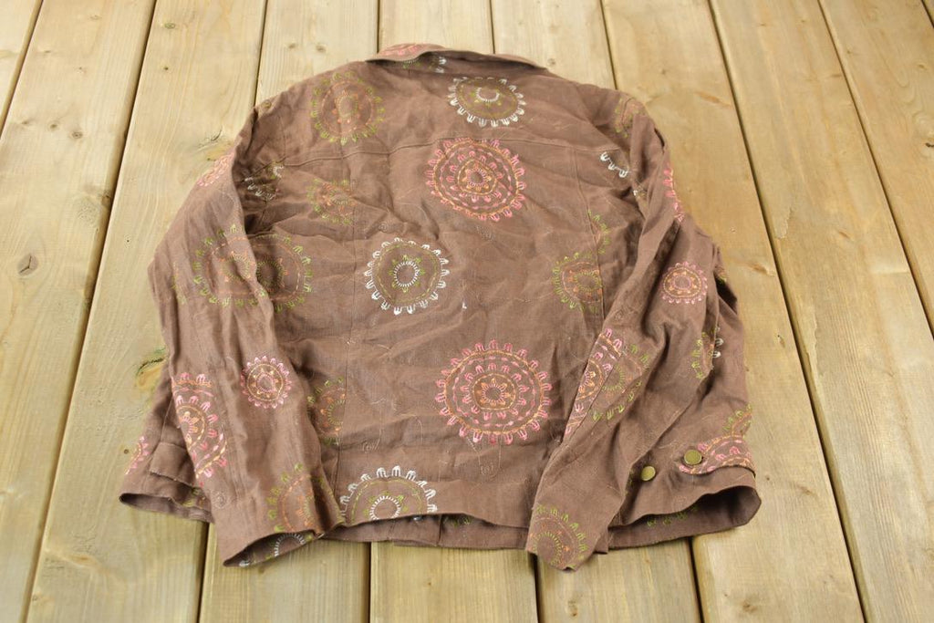 Vintage 1990s Alexandra Bartlett Embroidered Pattern Women's Linen Button Up Shirt