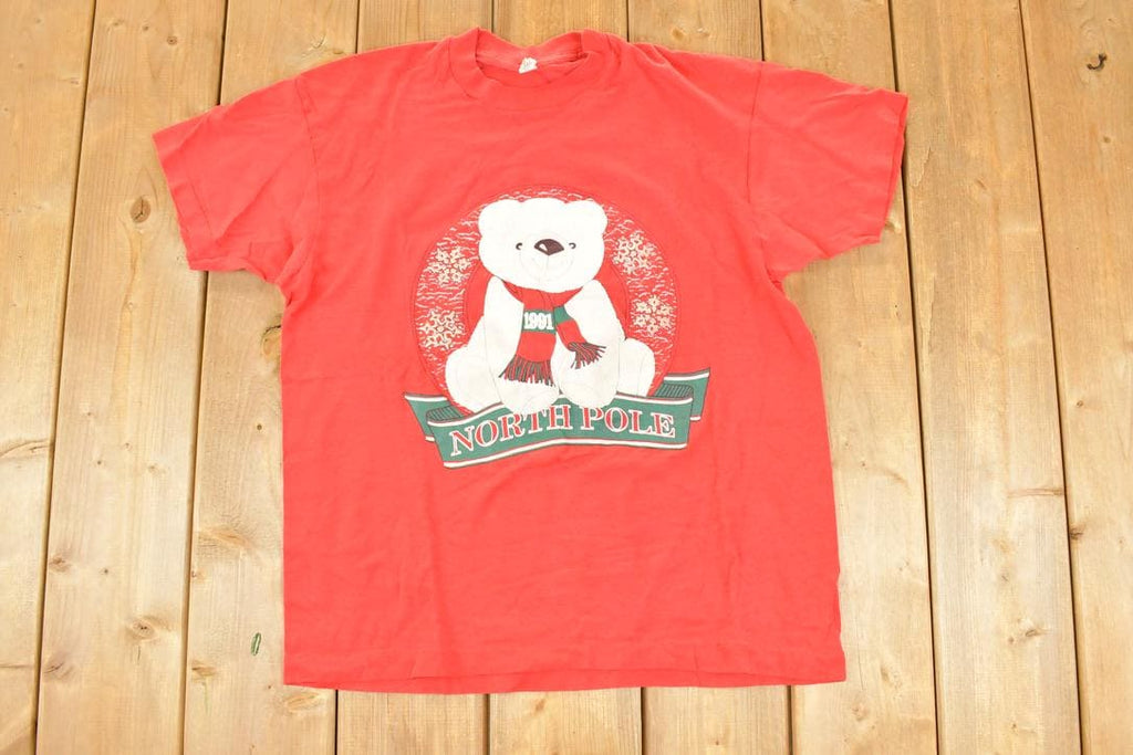 Vintage 1991 Cute Teddy Bear North Pole Christmas Crewneck T Shirt Men's L