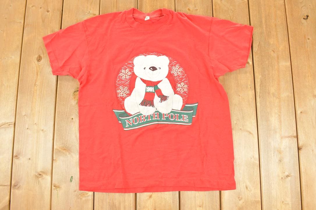 Vintage 1991 Cute Teddy Bear North Pole Christmas Crewneck T Shirt Men's L