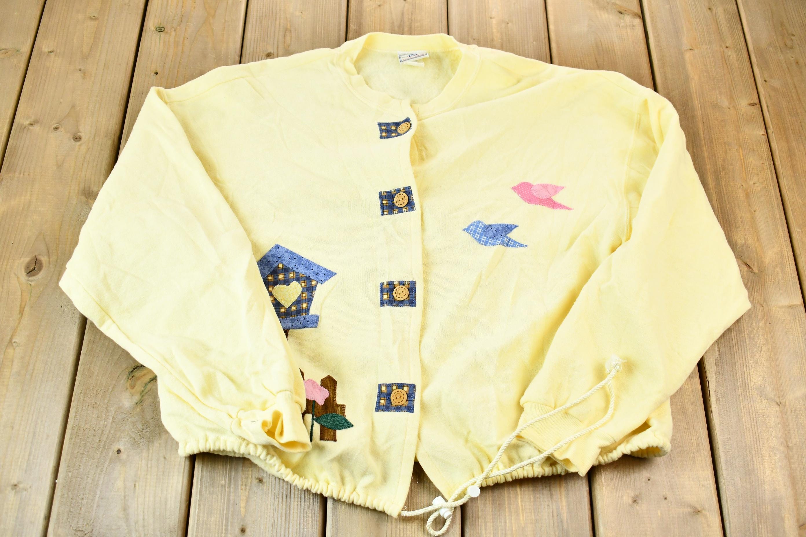 Vintage 1990s Lee Women's Fleece-Lined Handmade Cut N Sew Button-Up Patchwork Birdhouse Sweater
