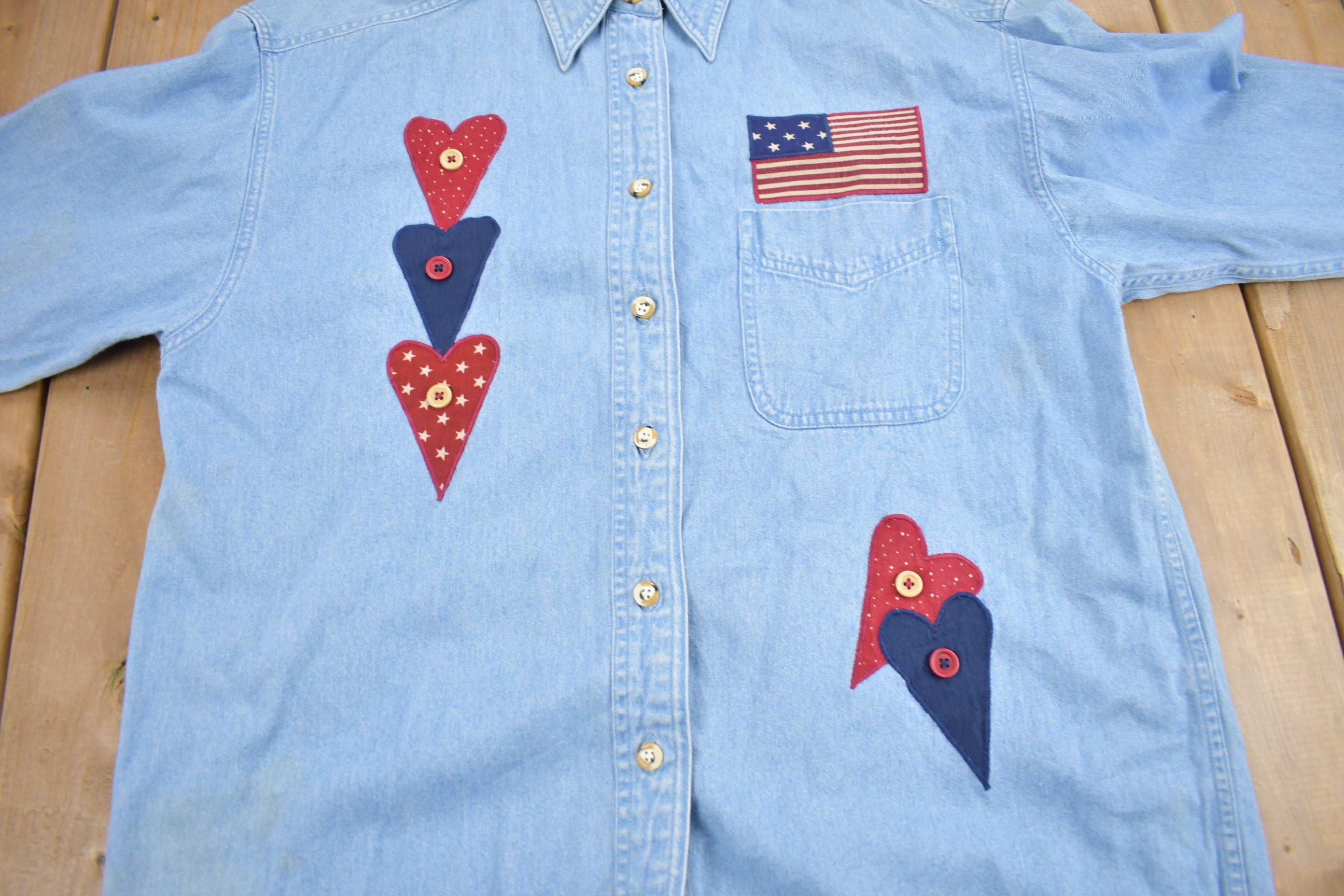 Vintage 1990s Cute Patchwork Denim Button Up Shirt