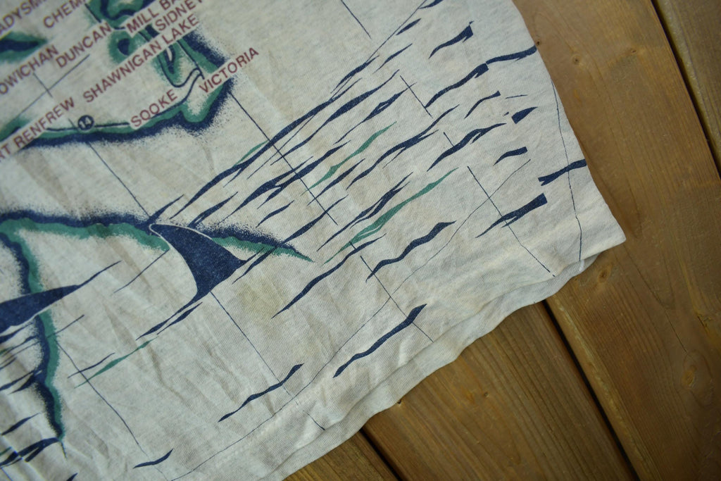 Vintage 1991 Vancouver Island All Over Print Map Graphic T Shirt