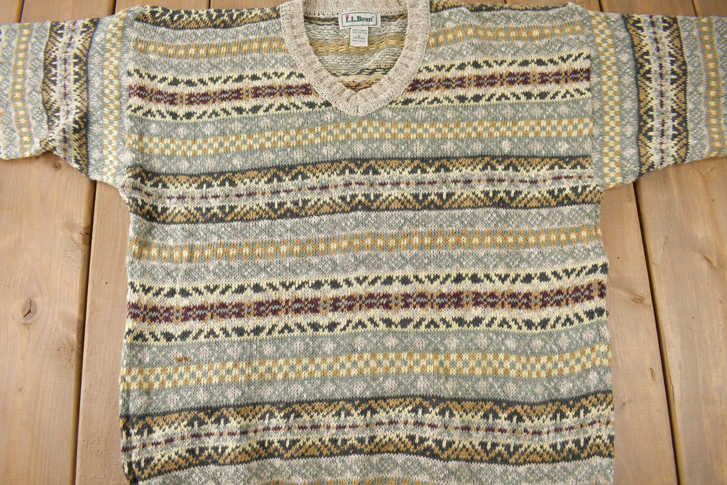 Vintage 1990s LL Bean Striped V Neck Knit Sweater Made In Ireland Size L
