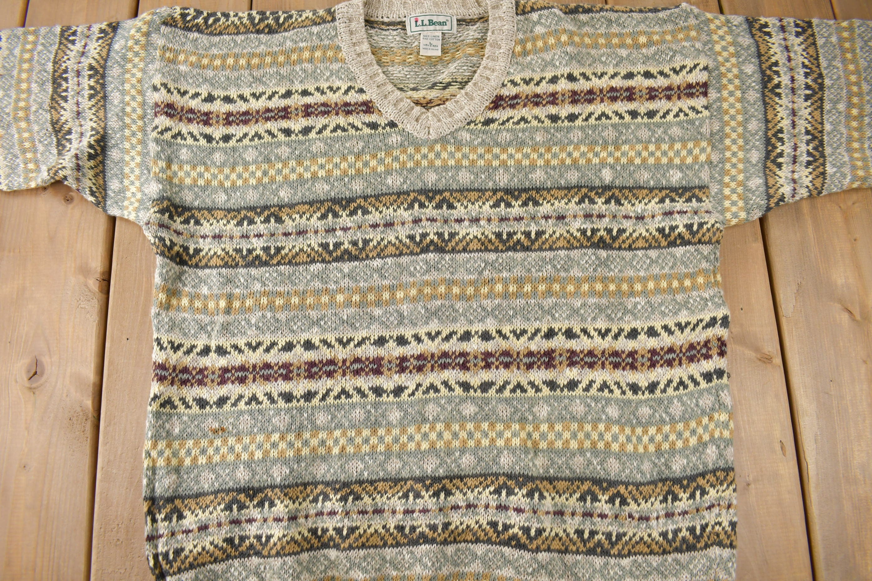 Vintage 1990s LL Bean Striped V Neck Knit Sweater Made In Ireland Size L