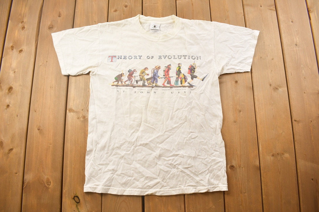 Vintage 1990s Theory Of Evolution Scuba Graphic T Shirt