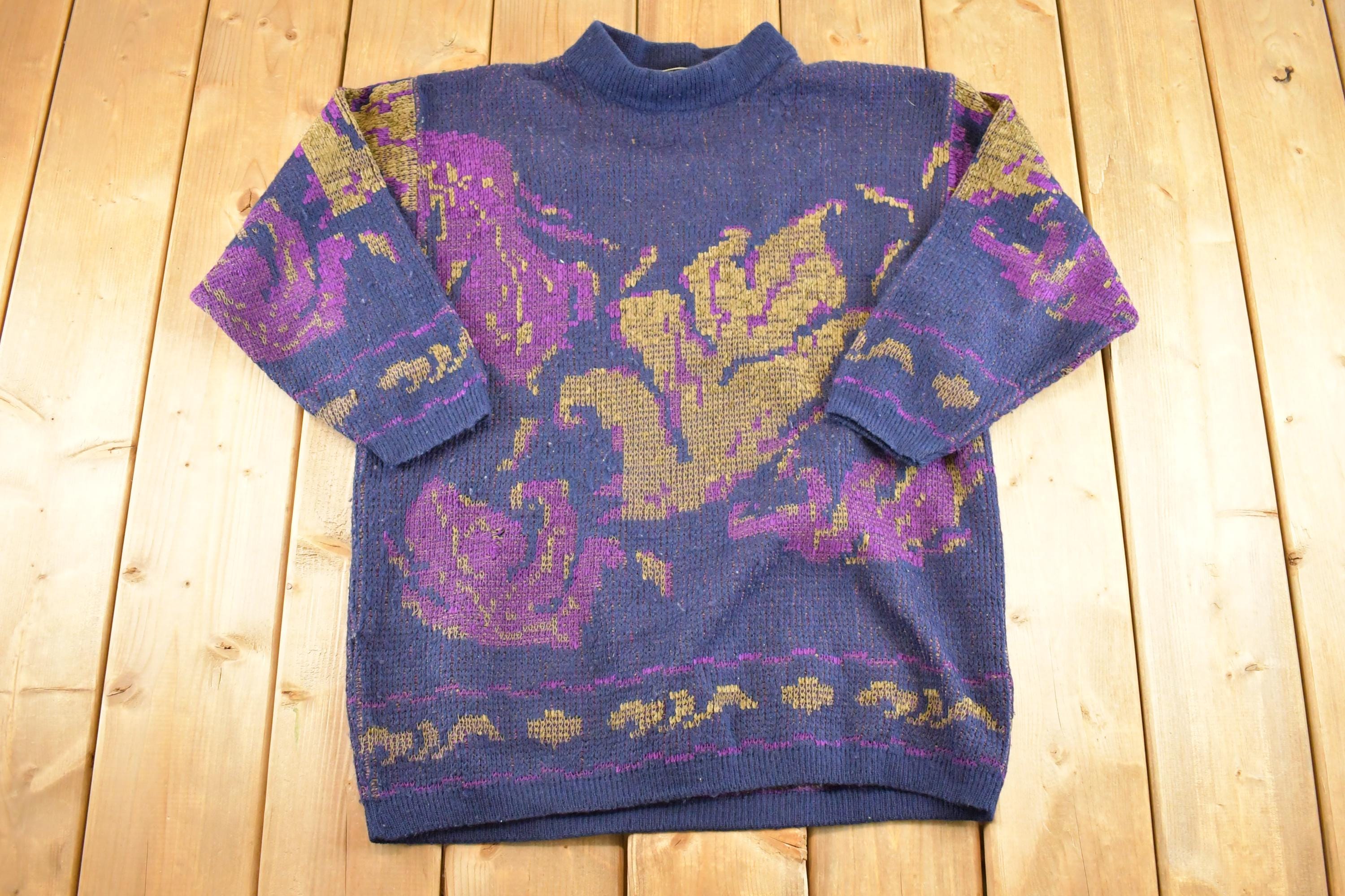 Vintage 1990s Andrea AOP Floral Wool Knit Crewneck Sweater Women's L /