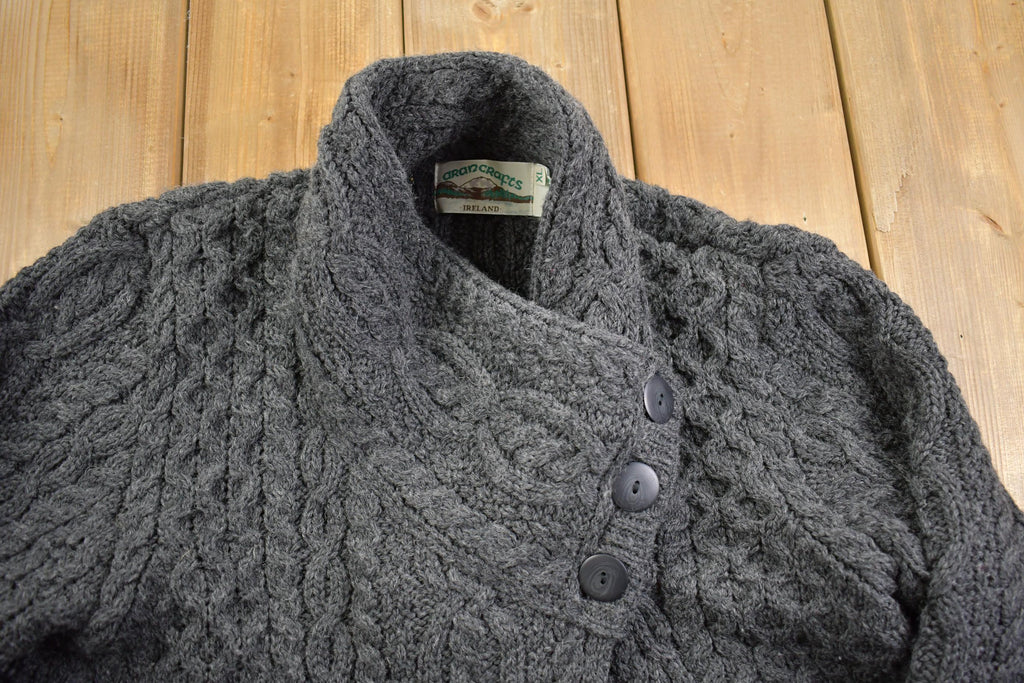 Vintage 1990s Aran Crafts 100% Wool Cable Knit Shawl Collar Long Cardigan Sweater - Made in Ireland