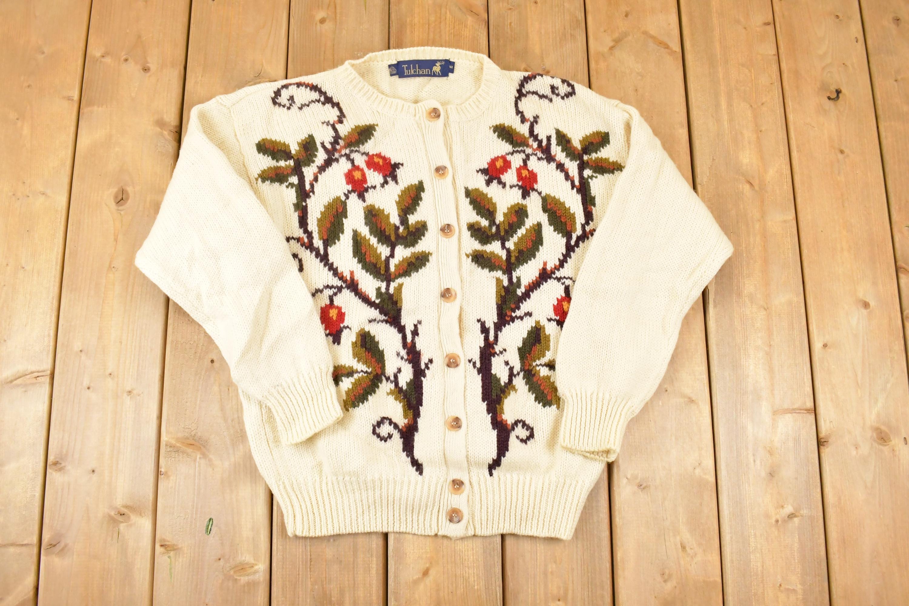 Vintage 1990s Tulchan Floral Abstract Wool Knit Cardigan Sweater Women's M