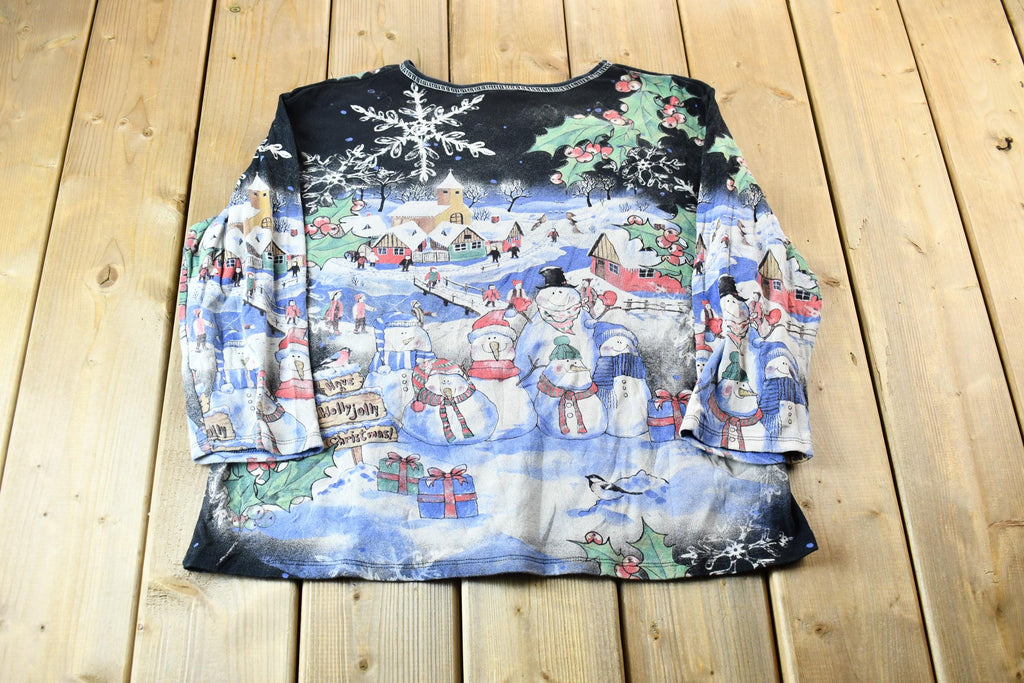 Vintage 1990s Cute Winter Scene All-Over-Print Textured Graphic Long-Sleeve Grandma T-Shirt