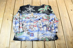 Vintage 1990s Cute Winter Scene All-Over-Print Textured Graphic Long-Sleeve Grandma T-Shirt