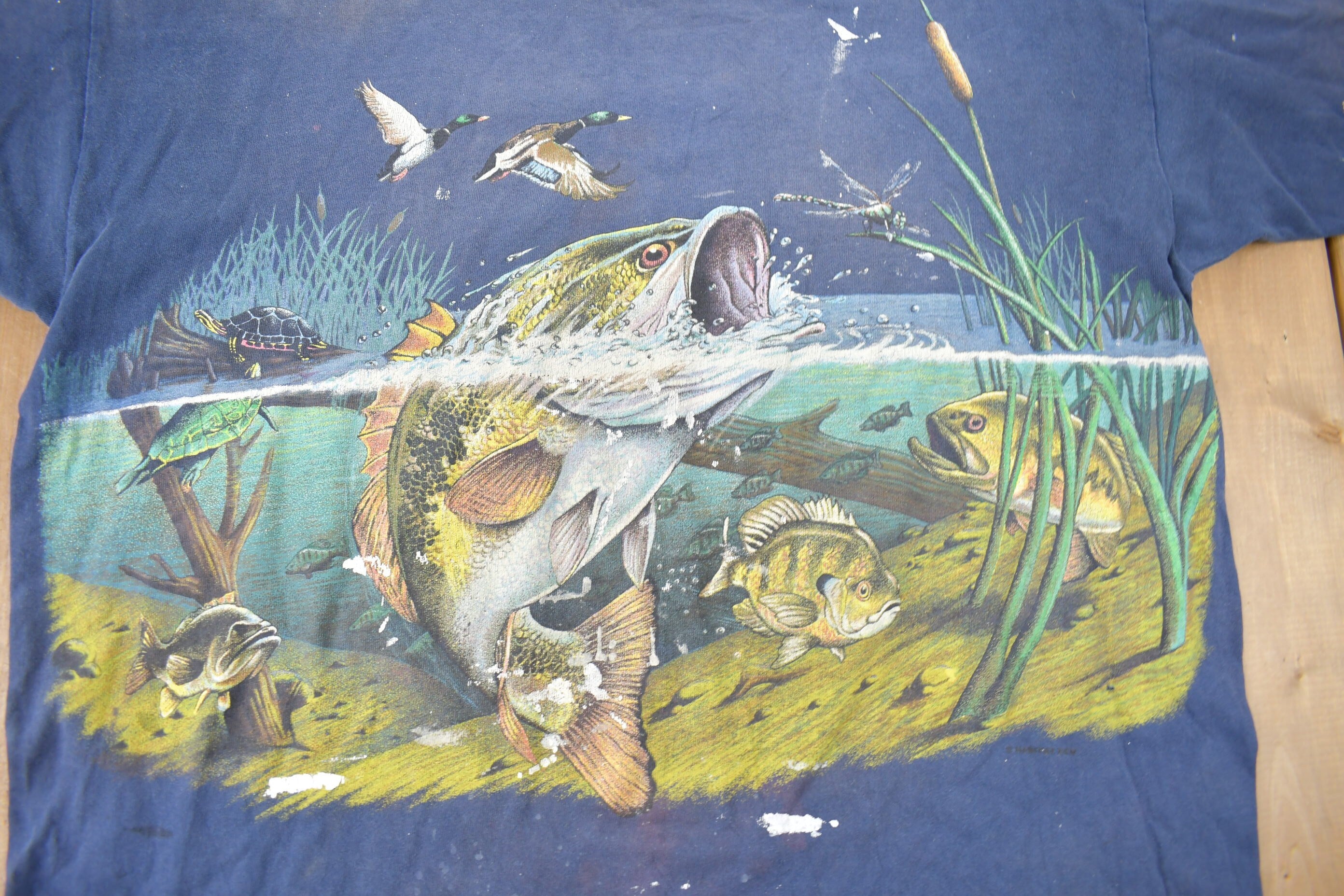 Vintage 1990s Largemouth Bass All Over Print Graphic T-Shirt