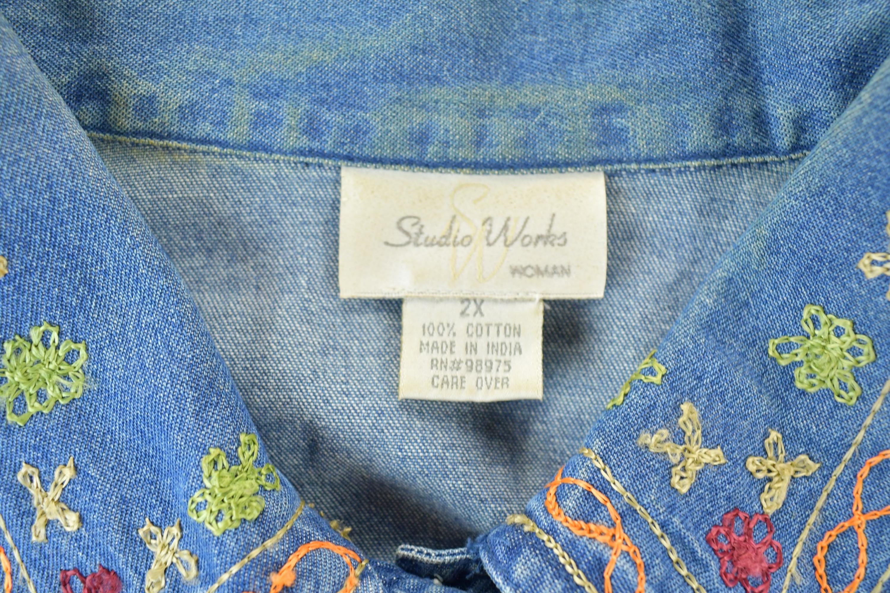 Vintage 1990s Denim Floral Loop Embroidered Button Up Shirt