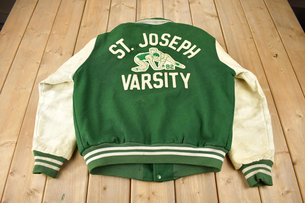 Vintage 1990s St Josephs Varsity Wrestling Leather & Wool Varsity Jacket Made In USA Size 44