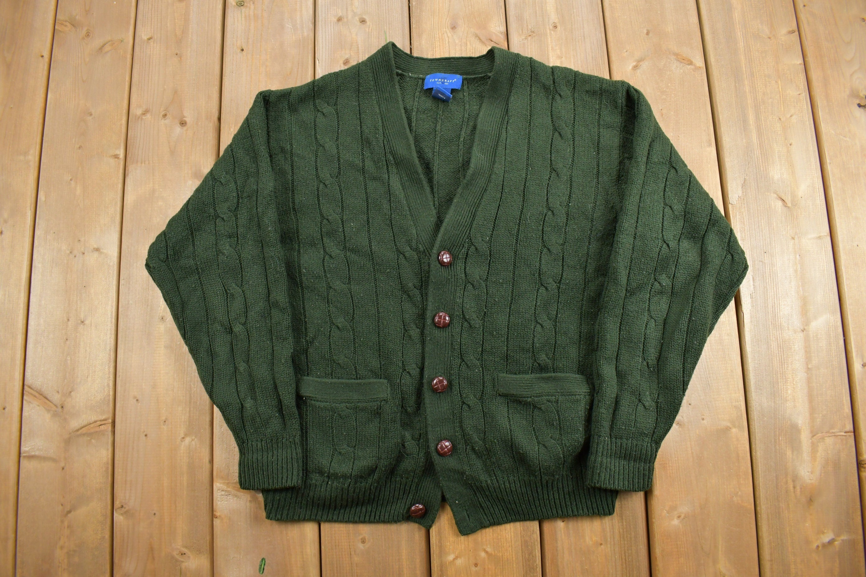 Vintage 1990s Towncraft Cable Knit Cardigan Sweater  Vintage 90s Knitted Button Up Sweater  Pattern Sweater  Size M
