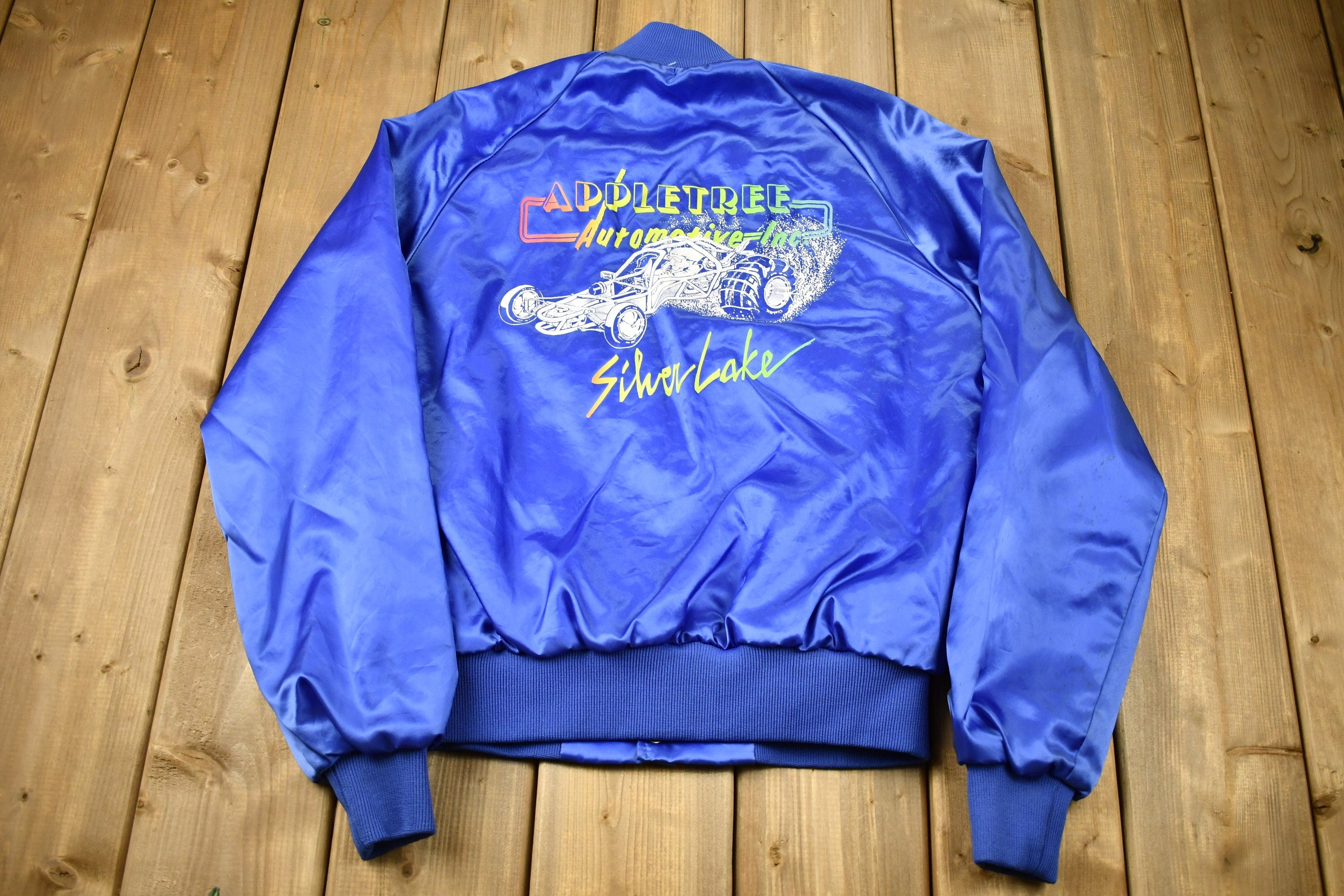 Vintage 1980s Appletree Automotive INC Silver Lake Satin Snap Button Bomber Jacket