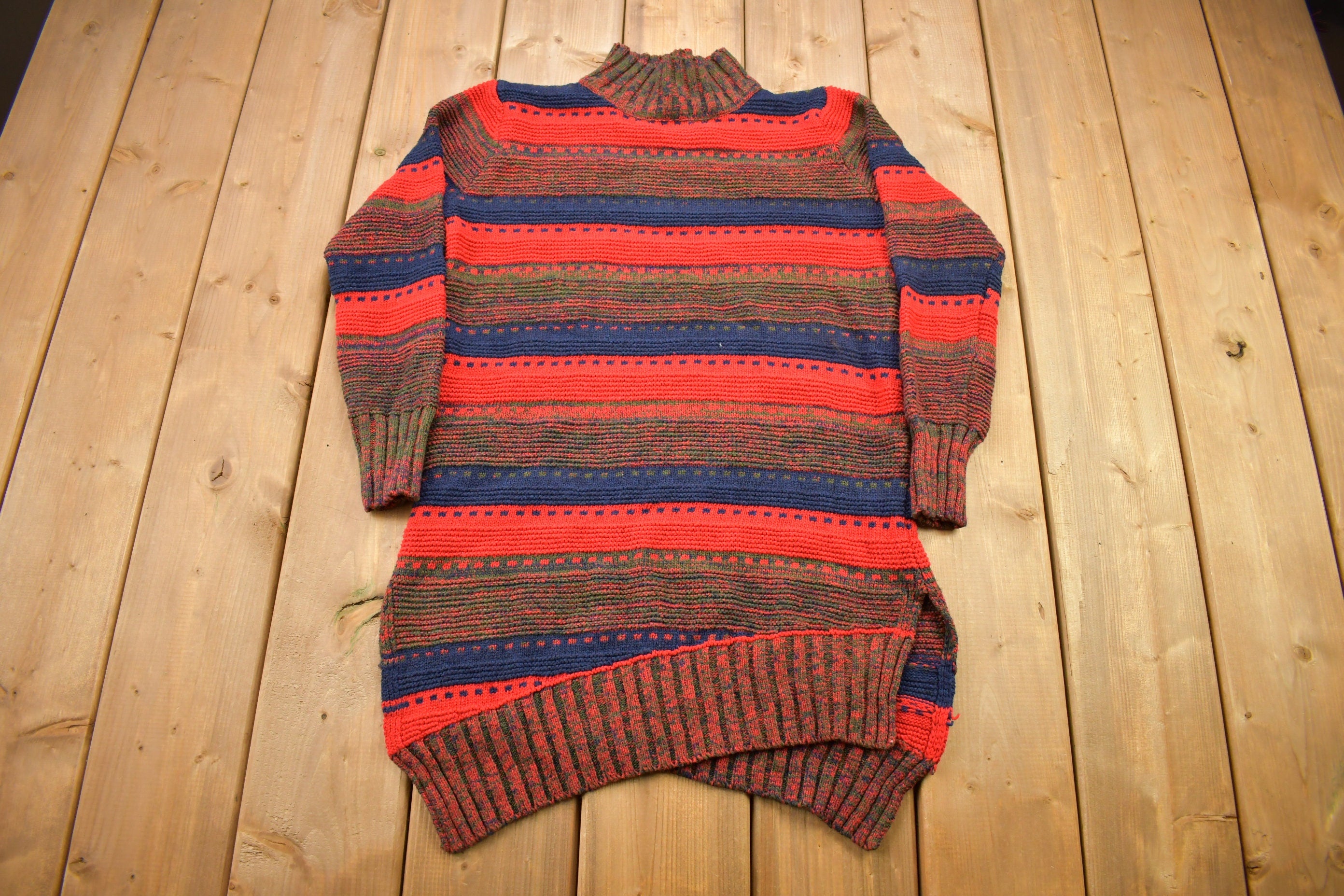 Vintage 1990s Long Striped Knitted Turtleneck Sweater / Vintage 90s Knit / All Over Pattern / Colorful Sweatshirt / Abstract Pattern