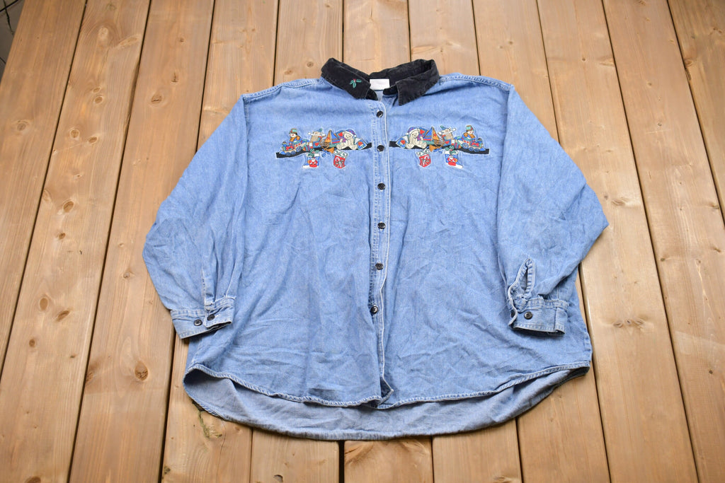 Vintage 1990s Christmas Denim Button Up Shirt