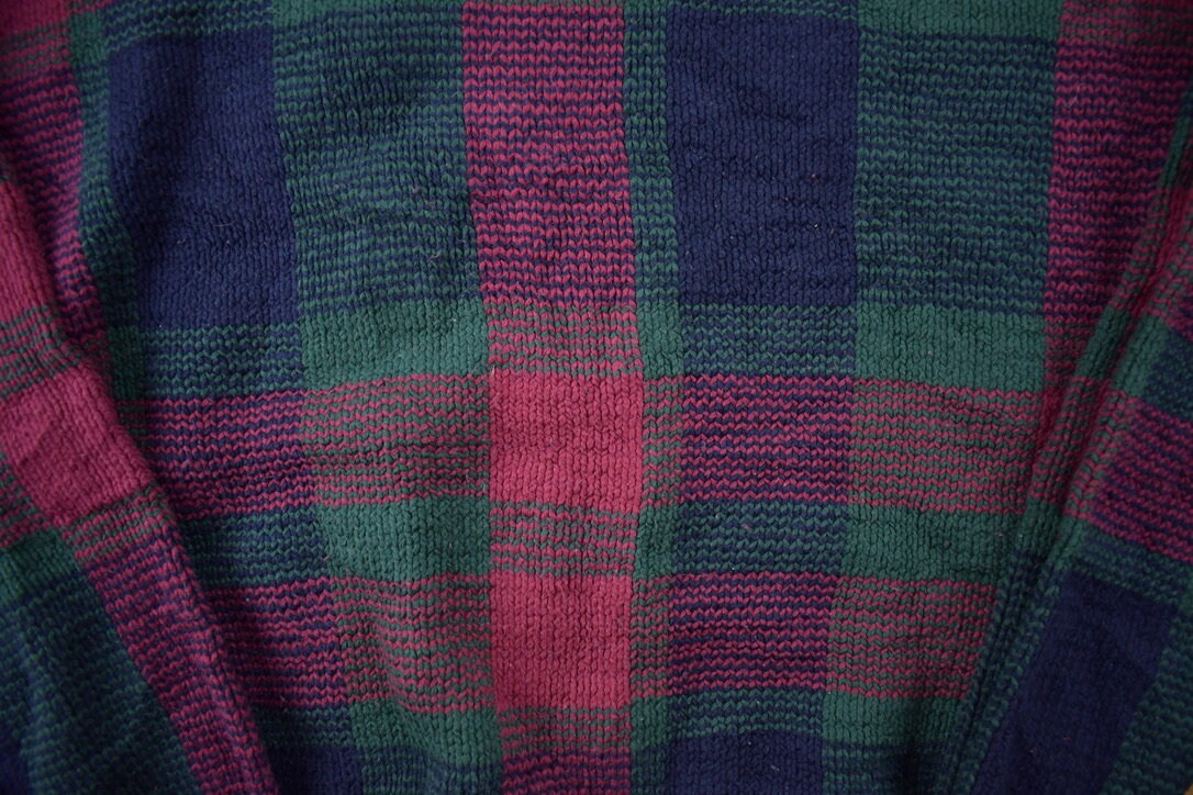 Vintage 1990s Hunt Club Cable Plaid Knit Crewneck Sweater
