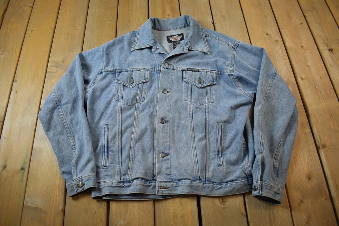 Vintage Y2K Harley Davidson Motorcycles Embroidered Jean Jacket - Large